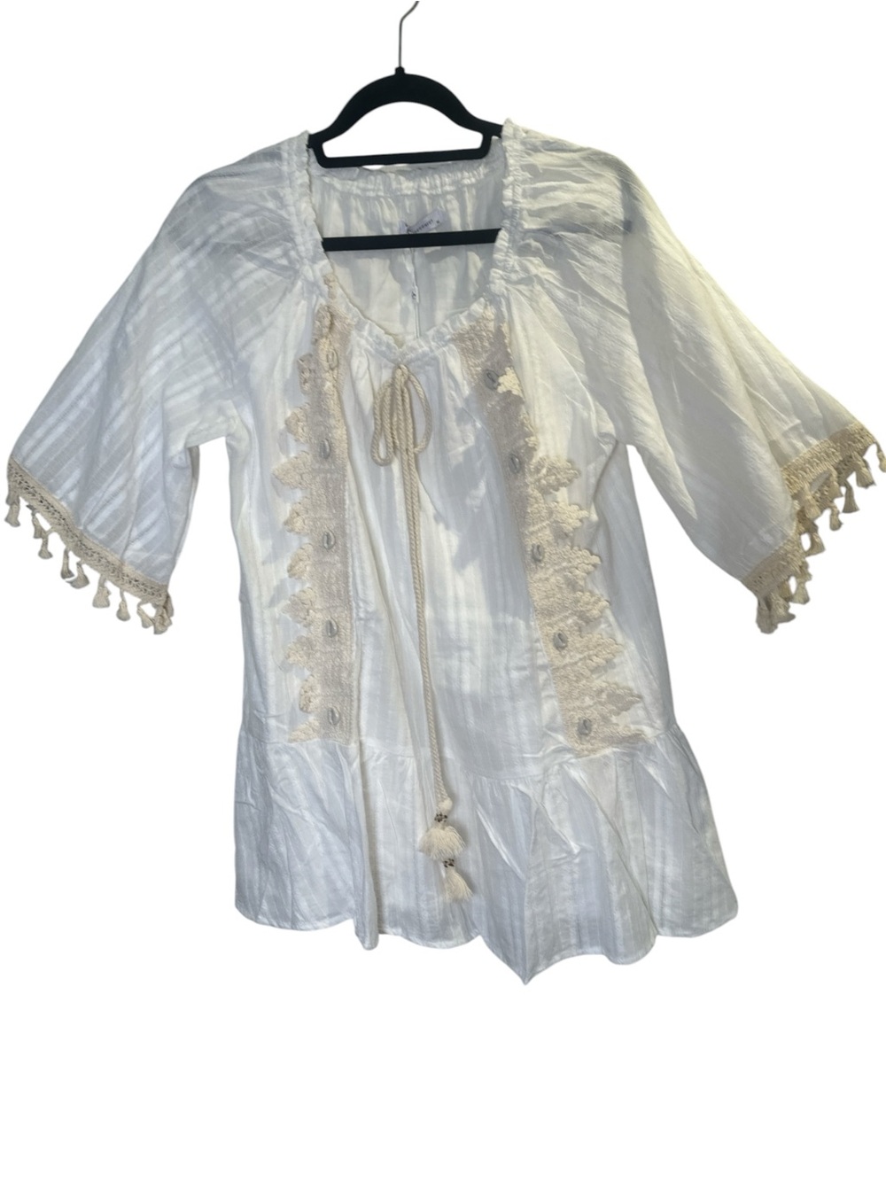 Boho Tassel Tie Peasant Top in Ivory with Beige Trim NWT - Picture 5 of 12